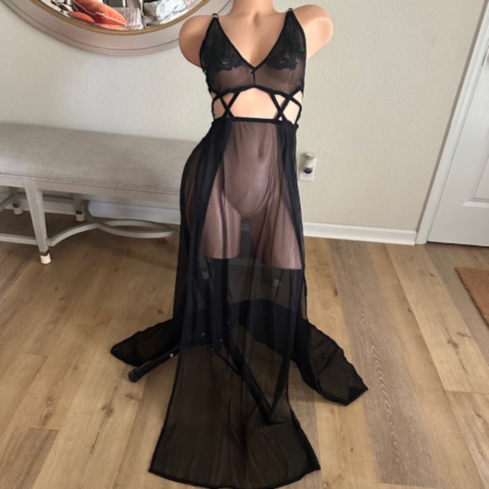 Sheer Black Lace Overlay Long Chemise